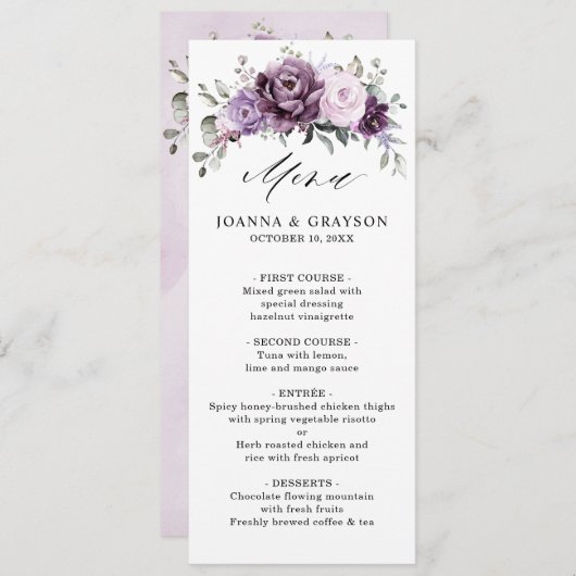 Nuances de pourpre foncé fleuris Floral Carte menu (Devant / Derrière)