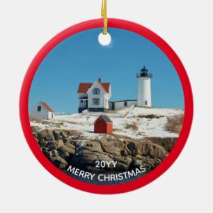 Nubble Red Year Atlantic Ocean Maine Lighthouse Keramisch Ornament