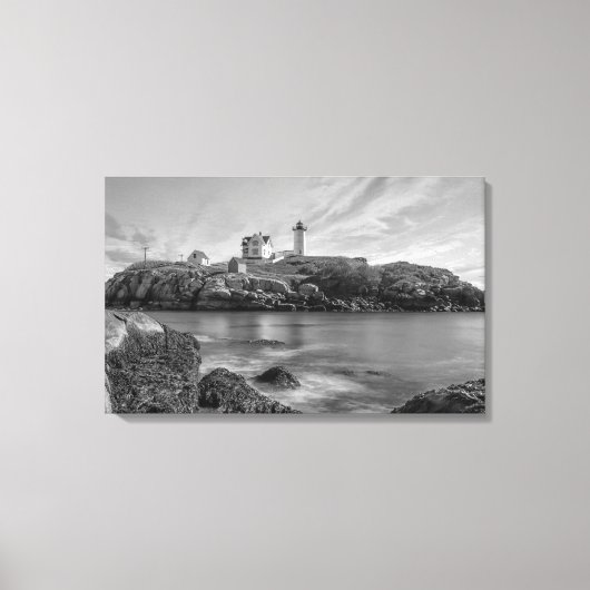 Nubble vuurtoren zwart-wit canvas afdruk (Voorkant)