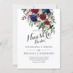 Nuestra Boda- Burgundy Blauwe Spaanse Trouw Uitnod Kaart