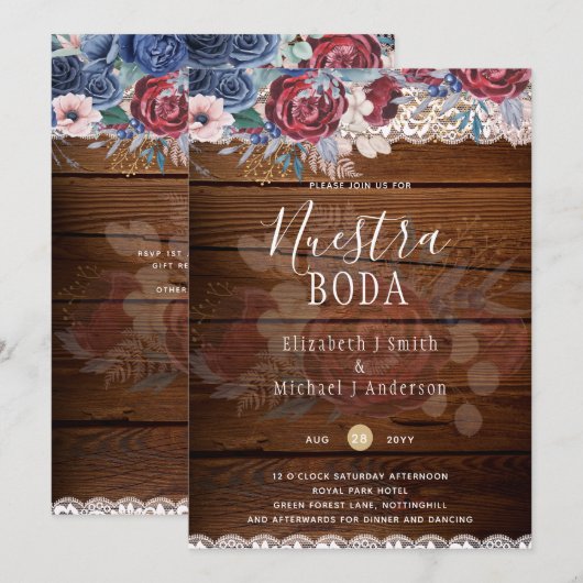 Nuestra Boda Burgundy Blue Floral Lace INVITATION (Devant / Derrière)