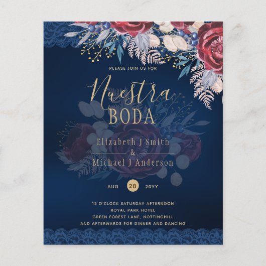 Nuestra Boda Burgundy Blue Floral Lace INVITE Flyer (Voorkant)
