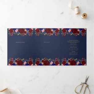 Nuestra Boda Burgundy Blue Floral Wedding Invite Drieluik Uitnodiging