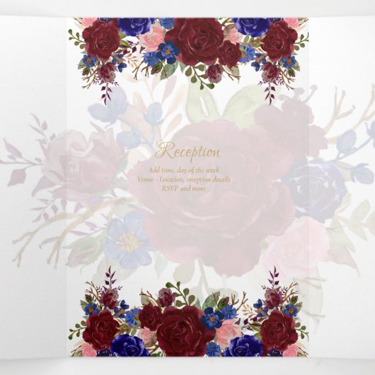 Nuestra Boda Burgundy Blue Floral Wedding Invite Drieluik Uitnodiging (Binnenkant midden)