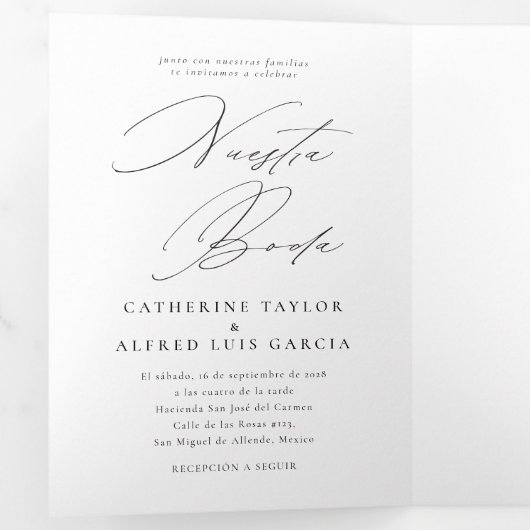 Nuestra Boda Engels Spaans tweetalig huwelijk Drieluik Uitnodiging (Binnenzijde eerst)