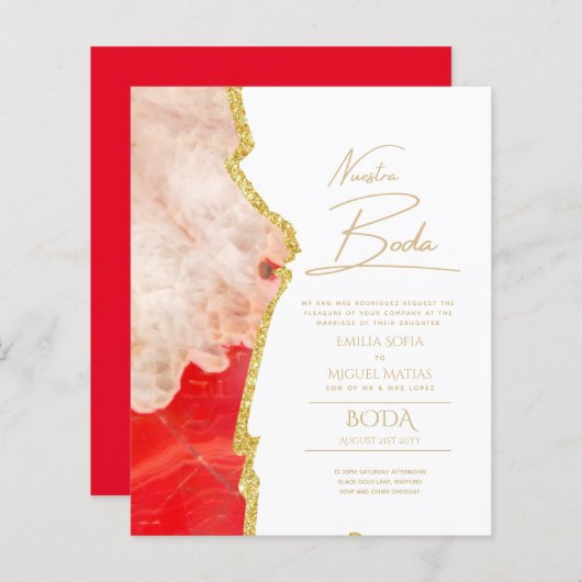 Nuestra Boda Gold Text AGATE Wedding INVITE (Voorkant / Achterkant)