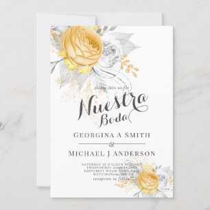 Nuestra Boda Gold White Roses Silver Leaves Modern Kaart