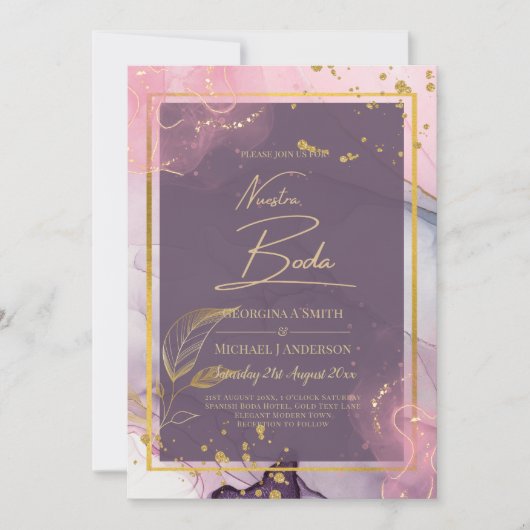 NUESTRA BODA Paars Pink Gold Ink Wedding INVITE Kaart (Voorkant)