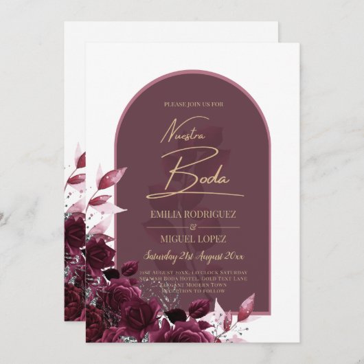 NUESTRA BODA Vin Roses rouges INVITATIONS (Devant / Derrière)