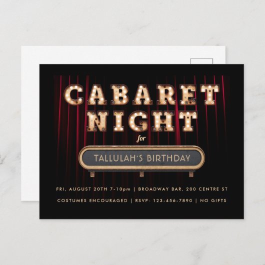 Nuit cabaret Anniversaire Fête Invitation (Devant / Derrière)