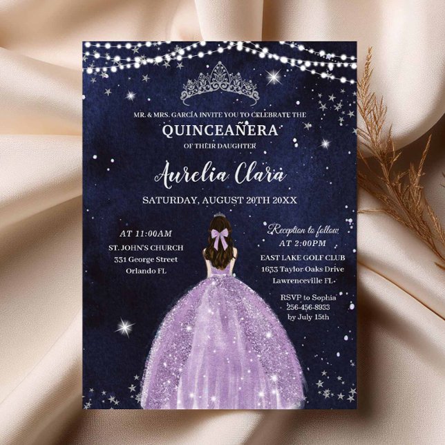 Nuit étoile violet Lilac Quinceañera Invitation (starry-night-under-the-stars-purple-lilac-dress-silver-quinceanera-sweet-16-invitation-magnetic-card)