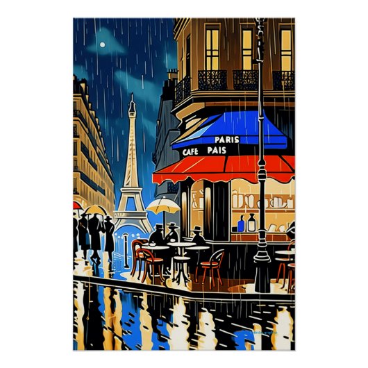 Nuit pluvieuse à Paris : Poster Café Vintage (Devant)