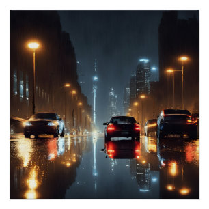 Nuit pluvieuse. Affiche de paysage urbain