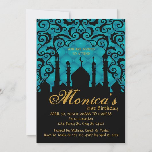 Nuits Arabes, Invitation d'anniversaire Turquoise (Devant)