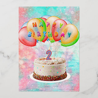 Number 2 Candle on Cake, Happy Birthday Card Folie Feestdagenkaart