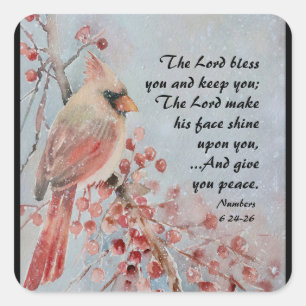 Numbers 6 24-26 Lord Bless You Red Bird & Berries Vierkante Sticker