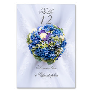 Numéro de la table de fleurs mariages bleu et blan