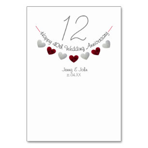 Numéro De Table 40e anniversaire du mariage du coeur de rubis