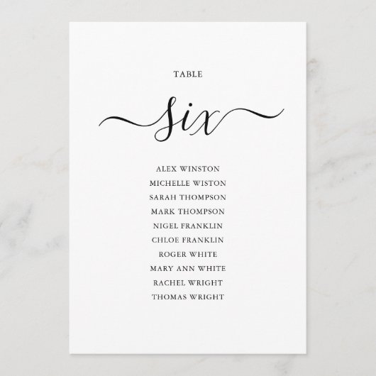 Numéro de table 6 élégant écriture noire Plan de t (Devant)