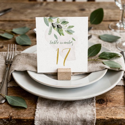 Numéro de table à branche d'olive rustique aquarel