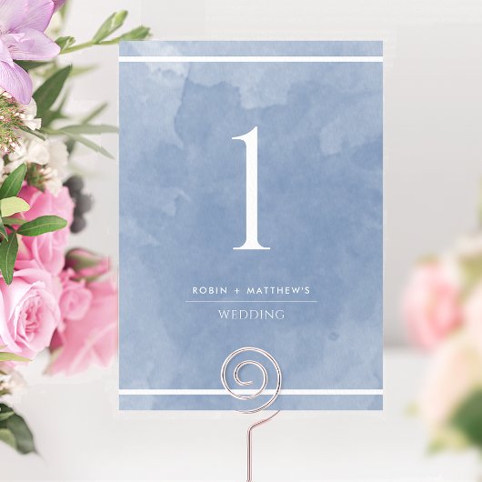 Numéro de Table à l'Aquarelle Bleu Poussiéreux Élé