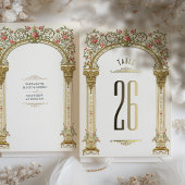 Numéro de table à l'arche dorée ornée et roses ros