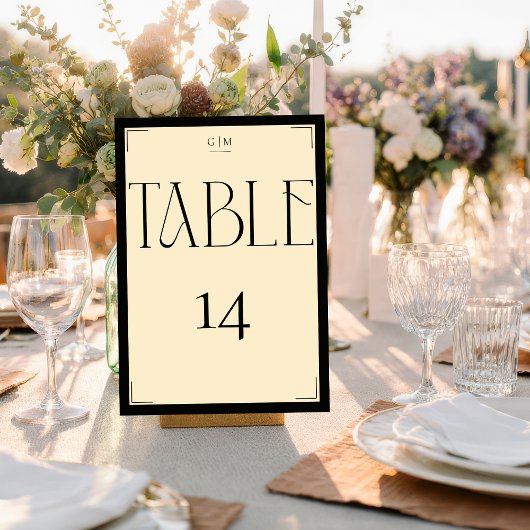 Numéro de table à monogramme crème noir élégant se