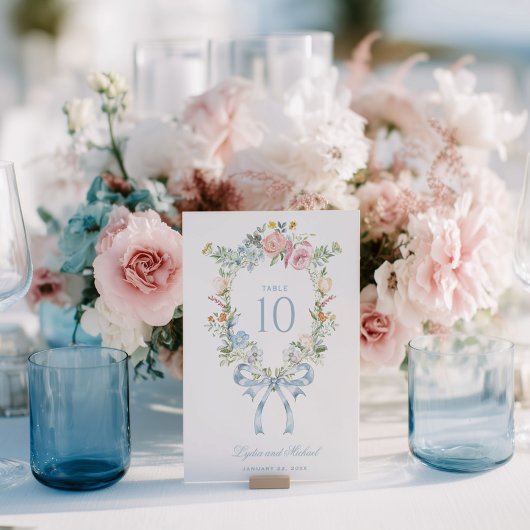Numéro de table à monogramme de couronne de fleurs