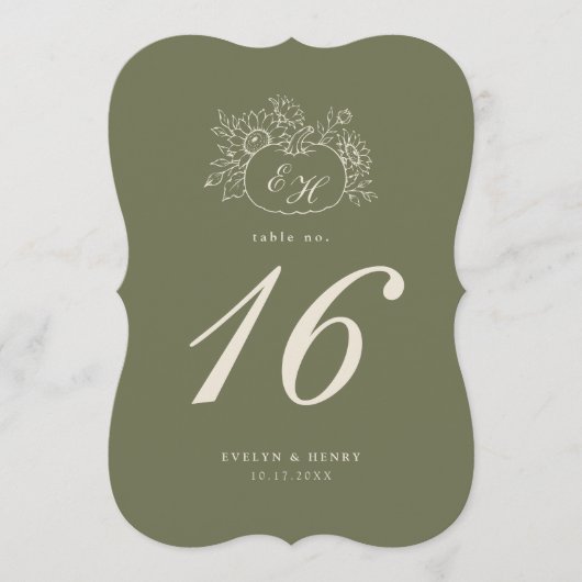 Numéro de table à monogramme en olivier-sage décou (Devant)