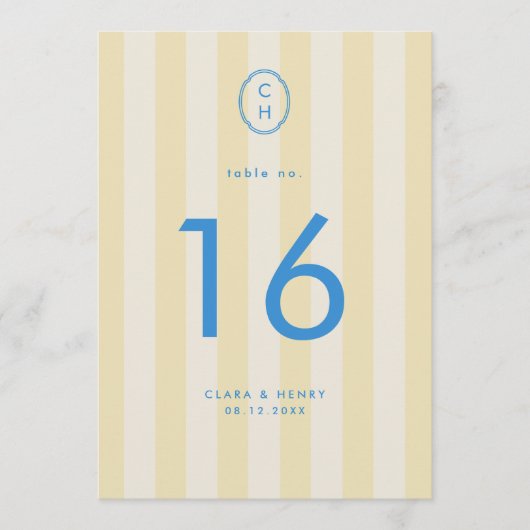 Numéro de table à monogramme rayé jaune beurre (Devant)