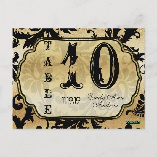 Numéro de table à tourbillons en damas noir et or (Dos)