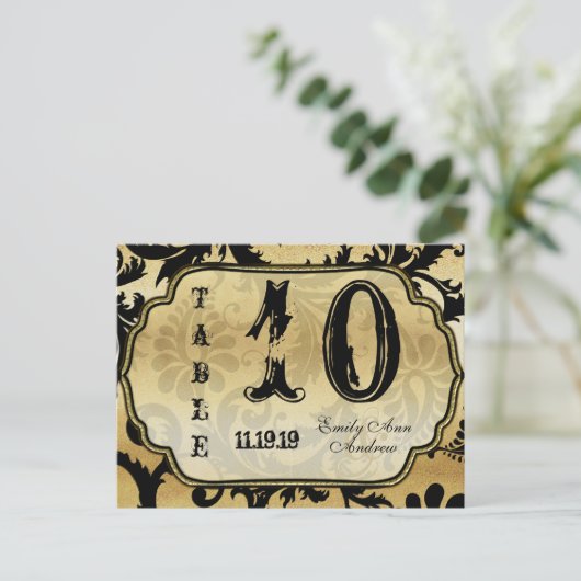 Numéro de table à tourbillons en damas or et noir (Debout devant)