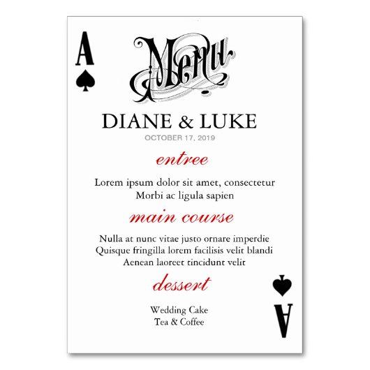 Numéro De Table Ace of Spades Vegas Casino Mariage Menu+Table (Dos)