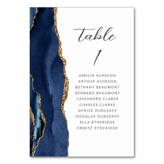 Numéro De Table Agate Marine Blue Gold Mariage de script moderne (Dos)