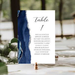 Numéro De Table Agate Navy Blue Silver Modern Script Mariage