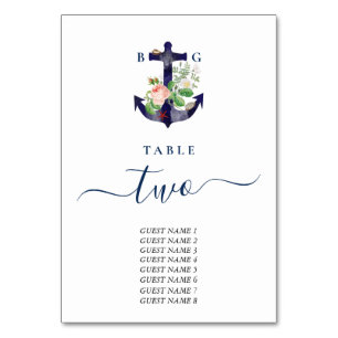 Numéro De Table Ancre Botanique Floral Nautique Mariage d'été