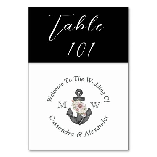 Numéro De Table Ancre florale marine Mariage noir et blanc (Par défaut)