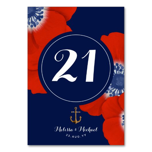 Numéro De Table Anémones rouges en cascade bleu et blanc marine (Par défaut)