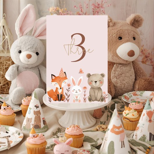 Numéro De Table Animaux des bois Anniversaire rose rustique