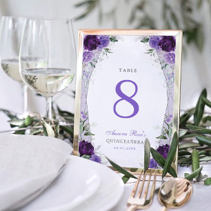 Numéro De Table Anniversaire Floral de Quinceanera en argent viole