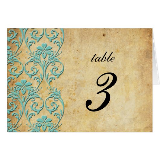 Numéro de table Aqua Vintage Swirl Mariage damassé (Devant Horizontal)