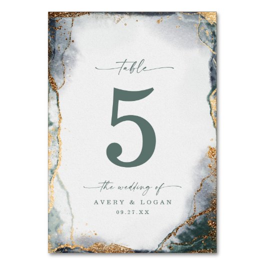 Numéro De Table Aquarelle Abstraite moderne Mariage vert et or (Par défaut)