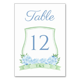 Numéro De Table Aquarelle Bleu Et Vert Hydrangea Crest Mariage