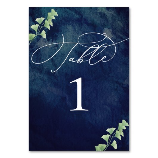 Numéro De Table Aquarelle bleu foncé avec Mariage vert (Dos)