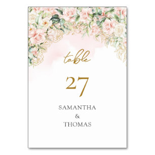 Numéro De Table Aquarelle Blush roses eucalyptus or mariage