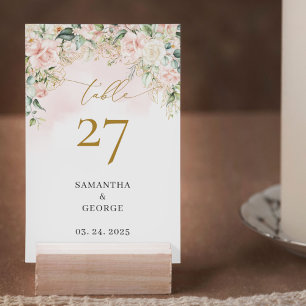 Numéro De Table Aquarelle Blush roses eucalyptus or mariage