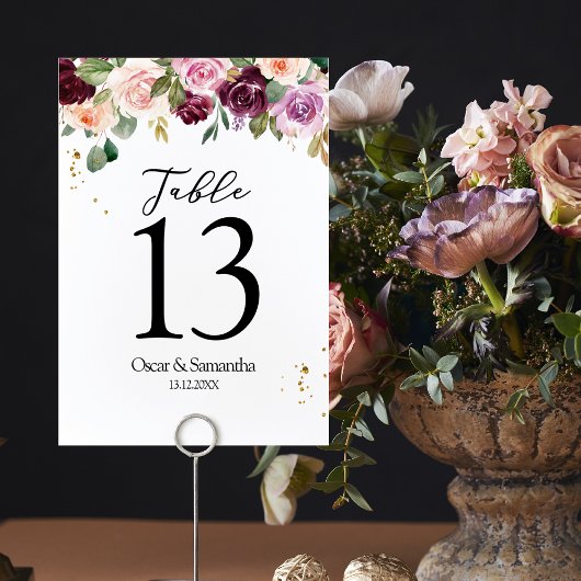 Numéro De Table Aquarelle Bourgogne Rustique Fleurs et gouttes d'o