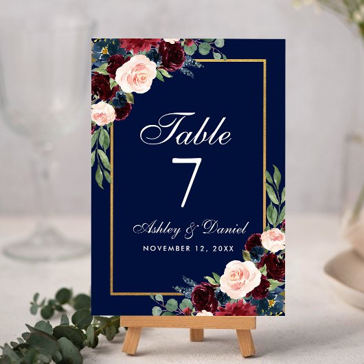 Numéro De Table Aquarelle Burgundy Bleu Floral Mariage or