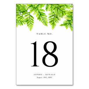 Numéro De Table Aquarelle Chartreuse Green Fern Feuille Mariage