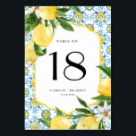 Numéro De Table Aquarelle Citron et carreaux marocains Mariage<br><div class="desc">Ajoutez une touche de charme éclatante à votre réception de mariage avec cette carte de numéro de table personnalisable, avec un motif citron aquarelle jumelé à un motif en carreaux blanc, bleu et jaune marocain. Les citrons frais et le carrelage coloré et audacieux créent un accent unique et animé sur...</div>